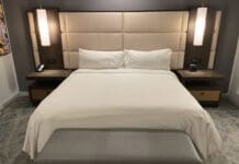 a bed with two lamps