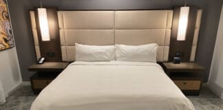 a bed with two lamps