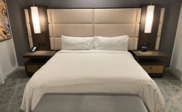 a bed with two lamps