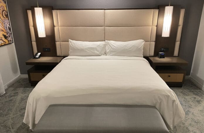 a bed with two lamps