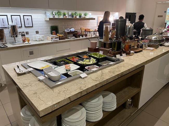 a buffet table with food on it