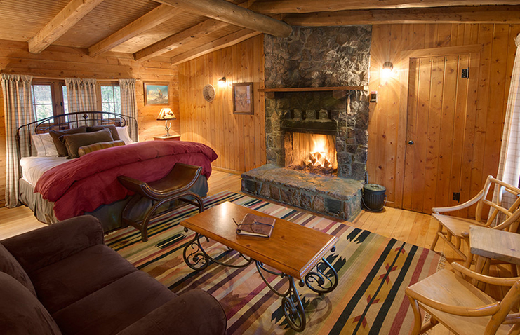 a living room with a fireplace and a couch