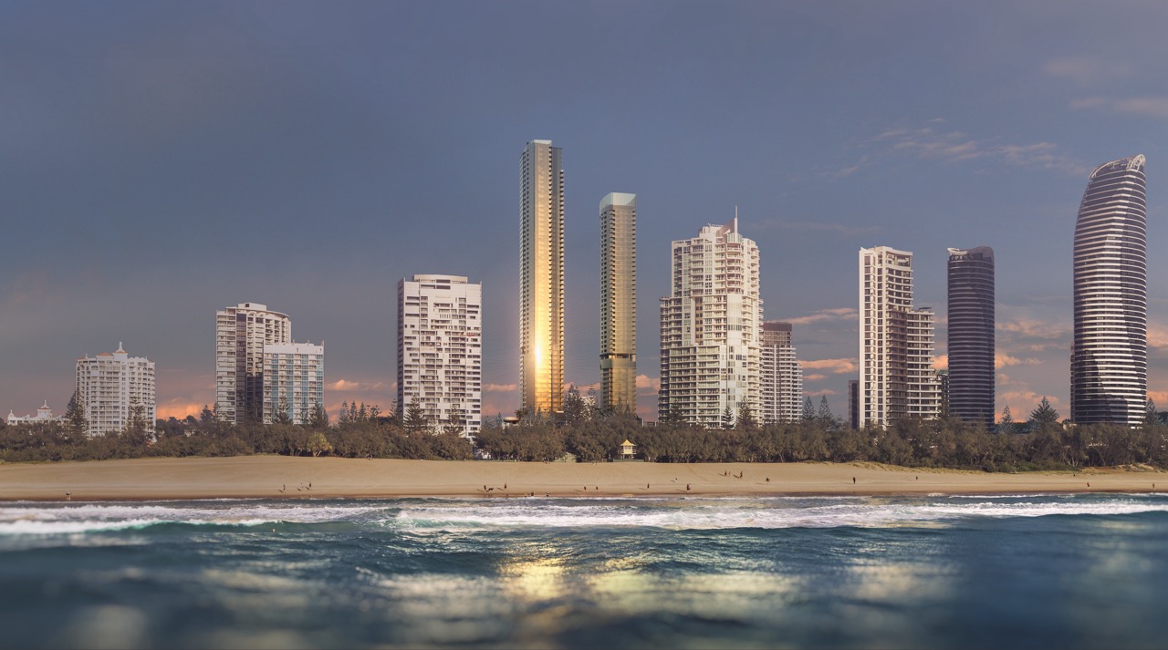 a city skyline with a beach and water