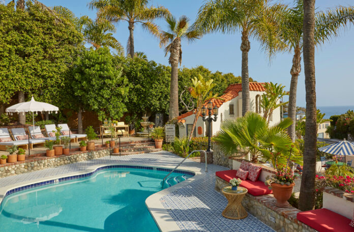 a swimming pool with palm trees and a house