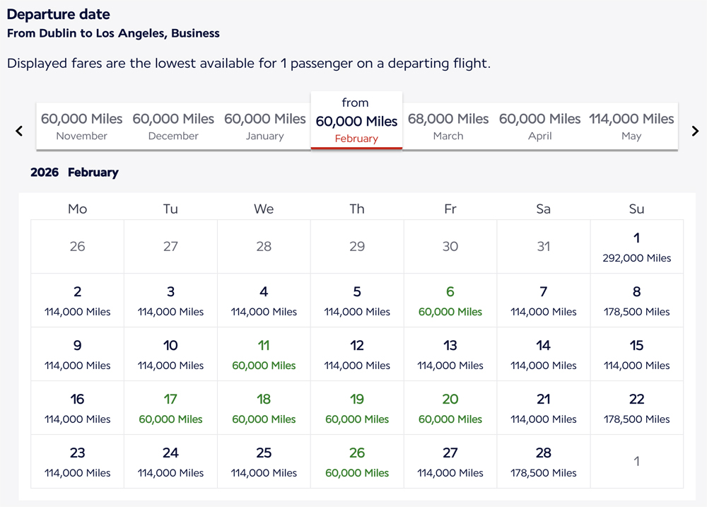 Air France Dublin to Los Angeles Business Class award availability.