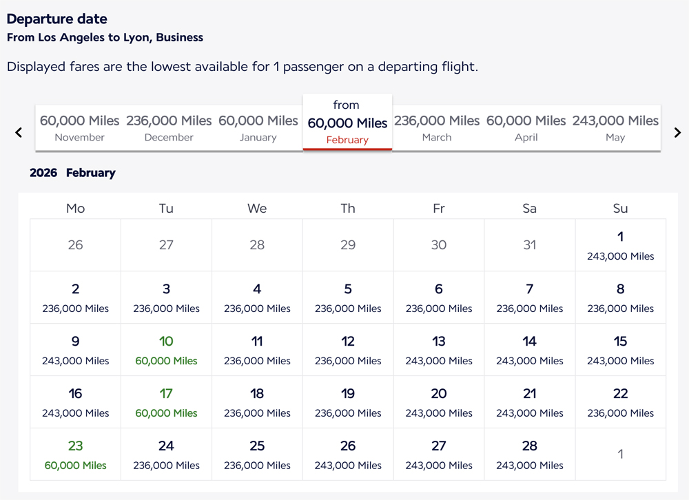 Air France Los Angeles to Lyon Business Class award availability.
