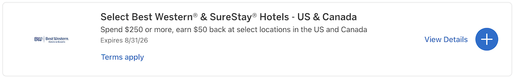 Image showing a targeted Amex offer for stays at BestWestern properties.