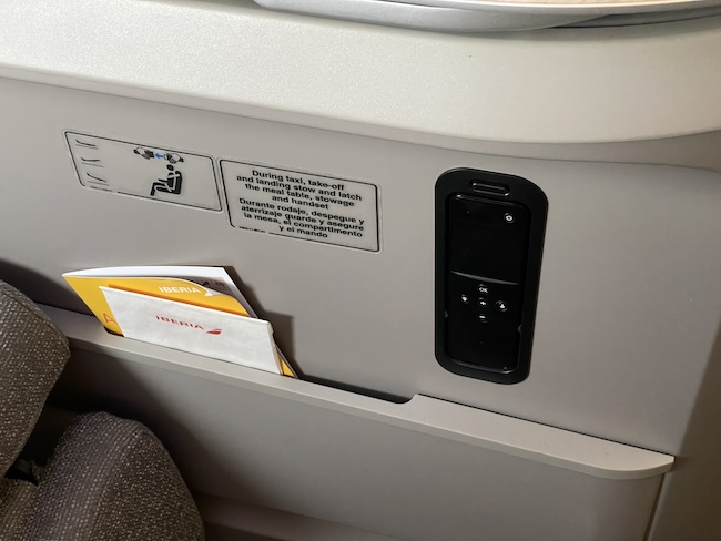 Iberia A321XLR Business Class remote control in the side wall.