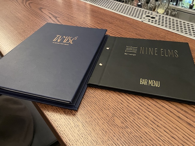 The Nine Elms Bar & Lounge menus at the Park Hyatt London River Thames.