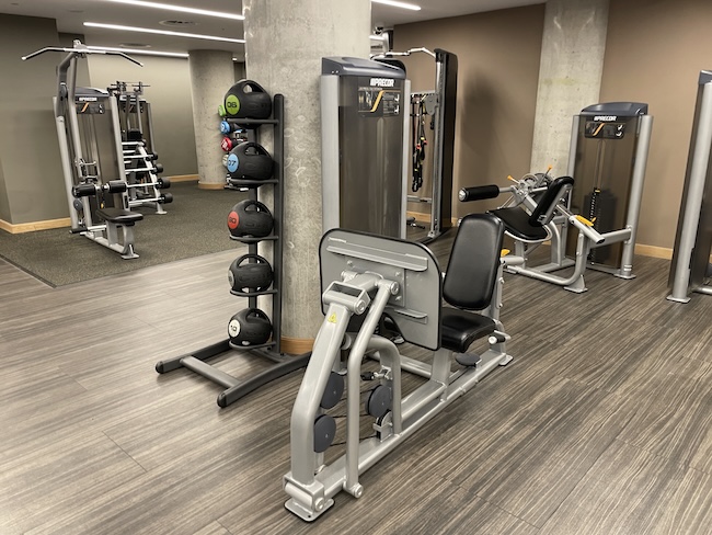 a gym with weights and machines