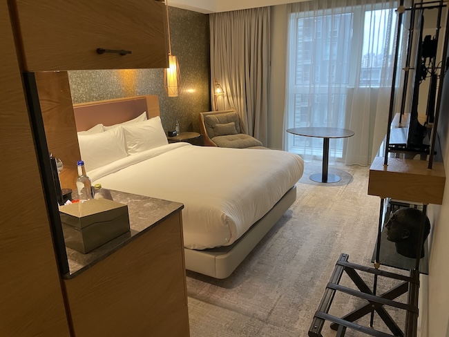 a room with a bed and a fireplace