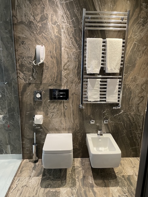 a bathroom with a toilet and bidet