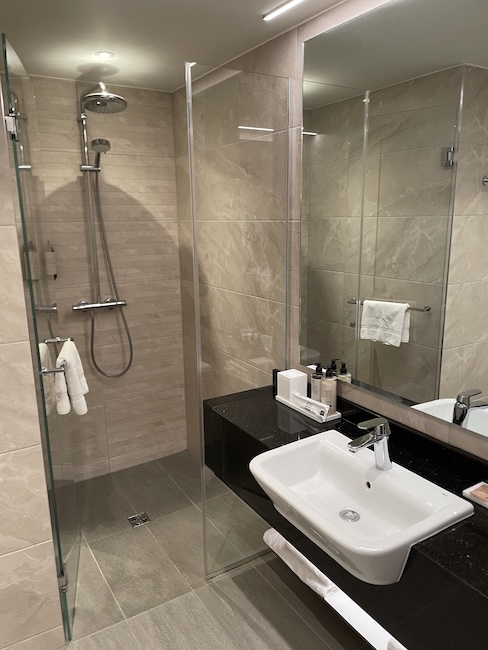 a bathroom with a shower and sink