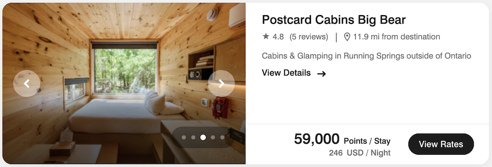 Postcard Cabins booking using Marriott Bonvoy points.