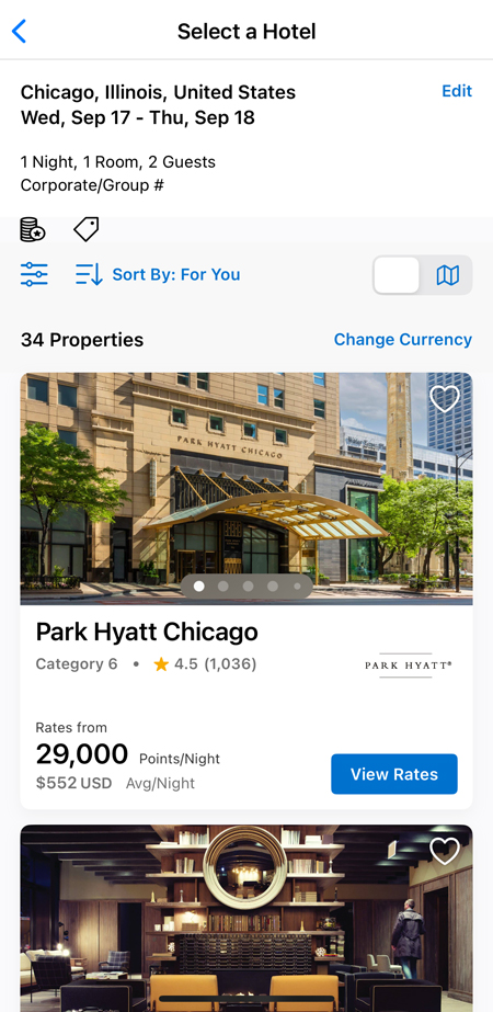 Hyatt App Search Results