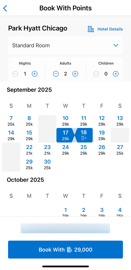 The new Hyatt award availability calendar in the app.