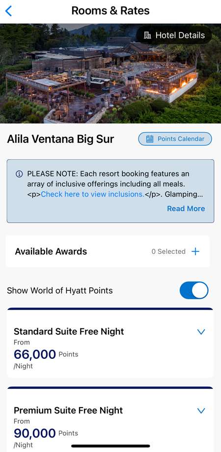 Alila Ventana Big Sur showing 66k and 90k award availability in the app.