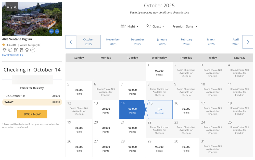 New points calendar showing 90k availability only.