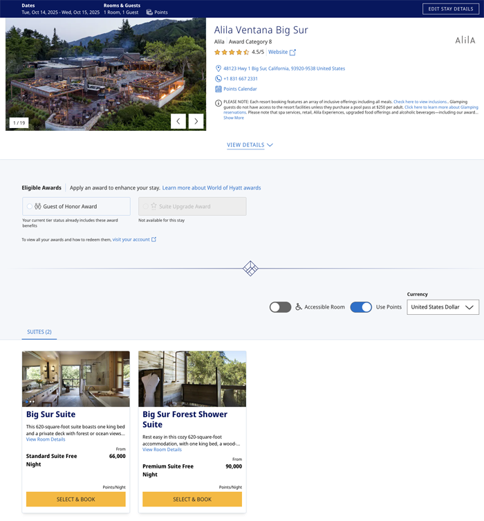 Alila Ventana Big Sur showing 66k and 90k award availability.
