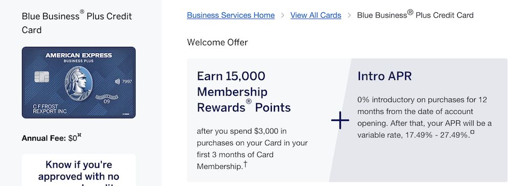 Welcome offer for the Blue Business Plus card from American Express