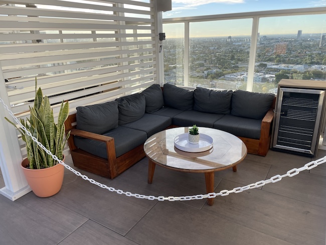 a couch and a table with a plant in a pot