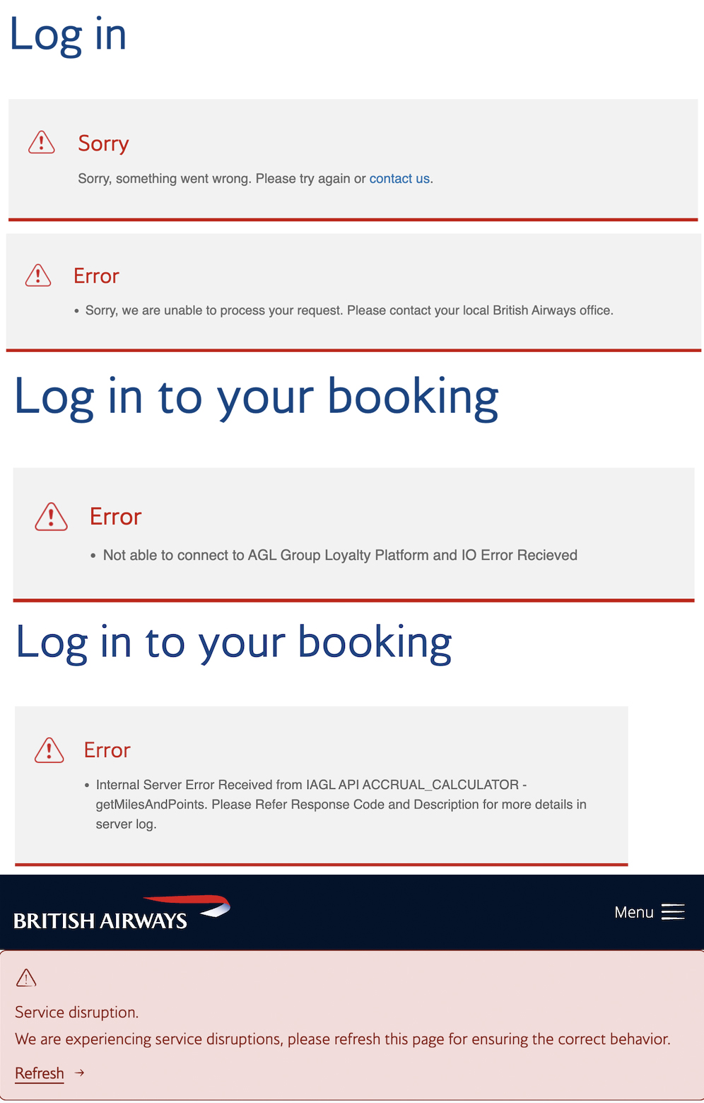 A selection of error messages from the British Airways desktop site.
