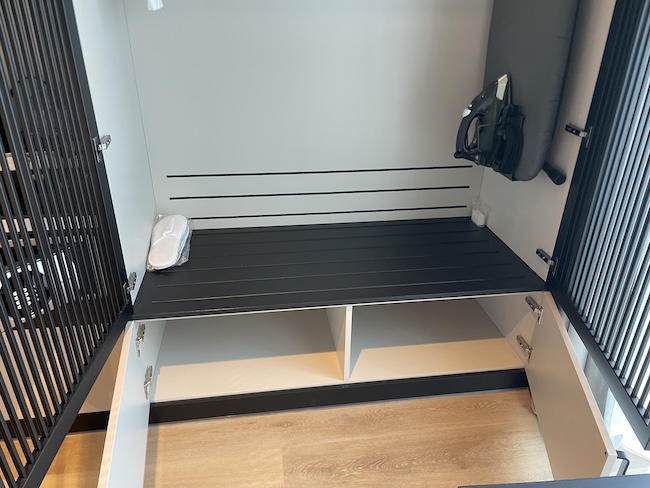 a black and white storage unit
