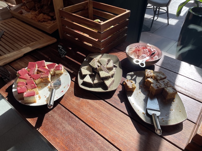 a table with plates of food on it