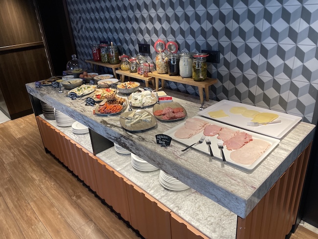 a buffet with food on it