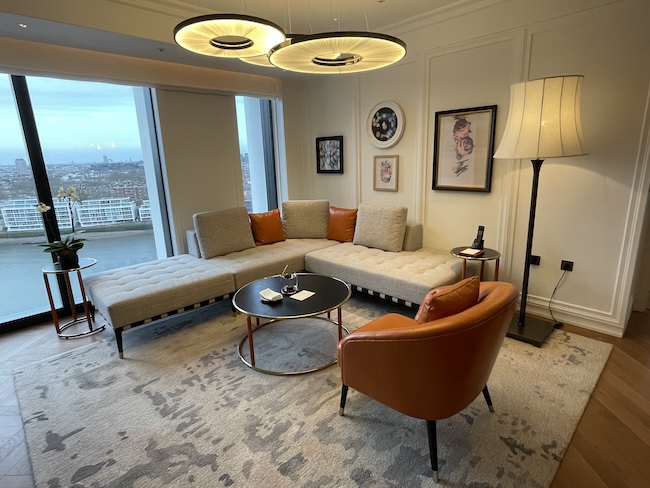 a living room with a couch and a table