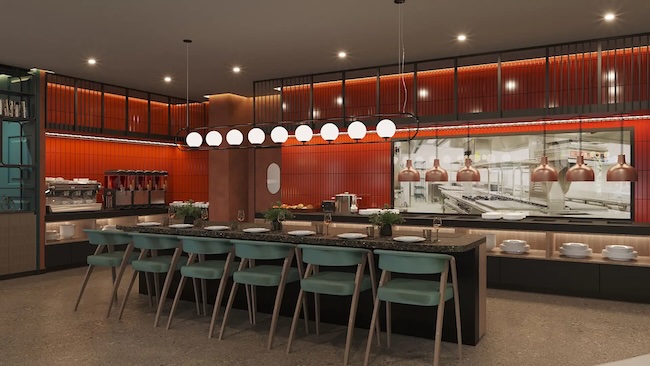 a long counter with chairs and a bar
