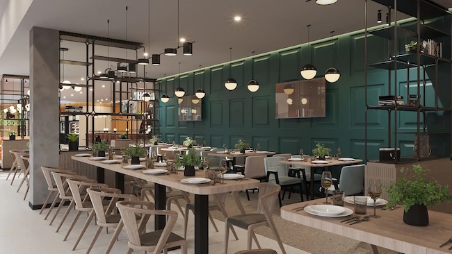 a restaurant with tables and chairs