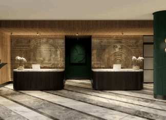 a reception desks in a hotel