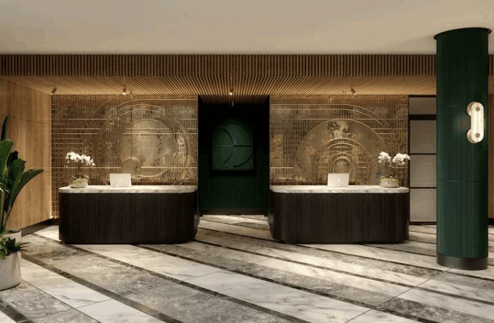 a reception desks in a hotel