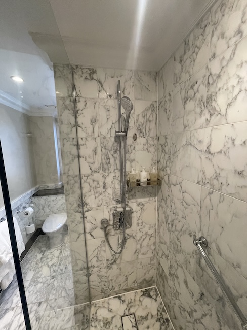 a bathroom with marble walls and a shower
