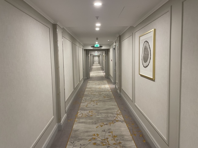 a long hallway with a carpeted floor and a painting on the wall