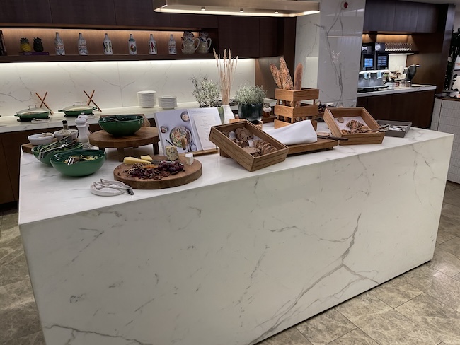 a counter with food items on it