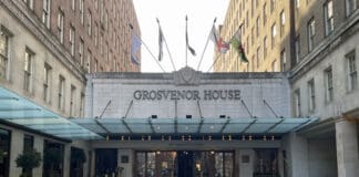 a building with flags on top of it