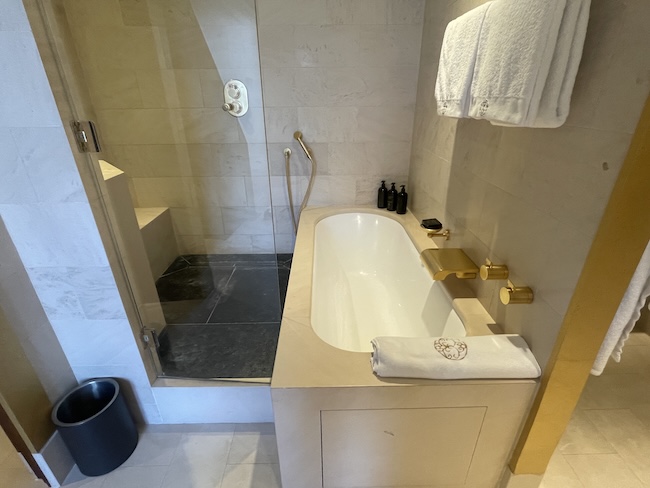 a bathroom with a glass shower and bathtub