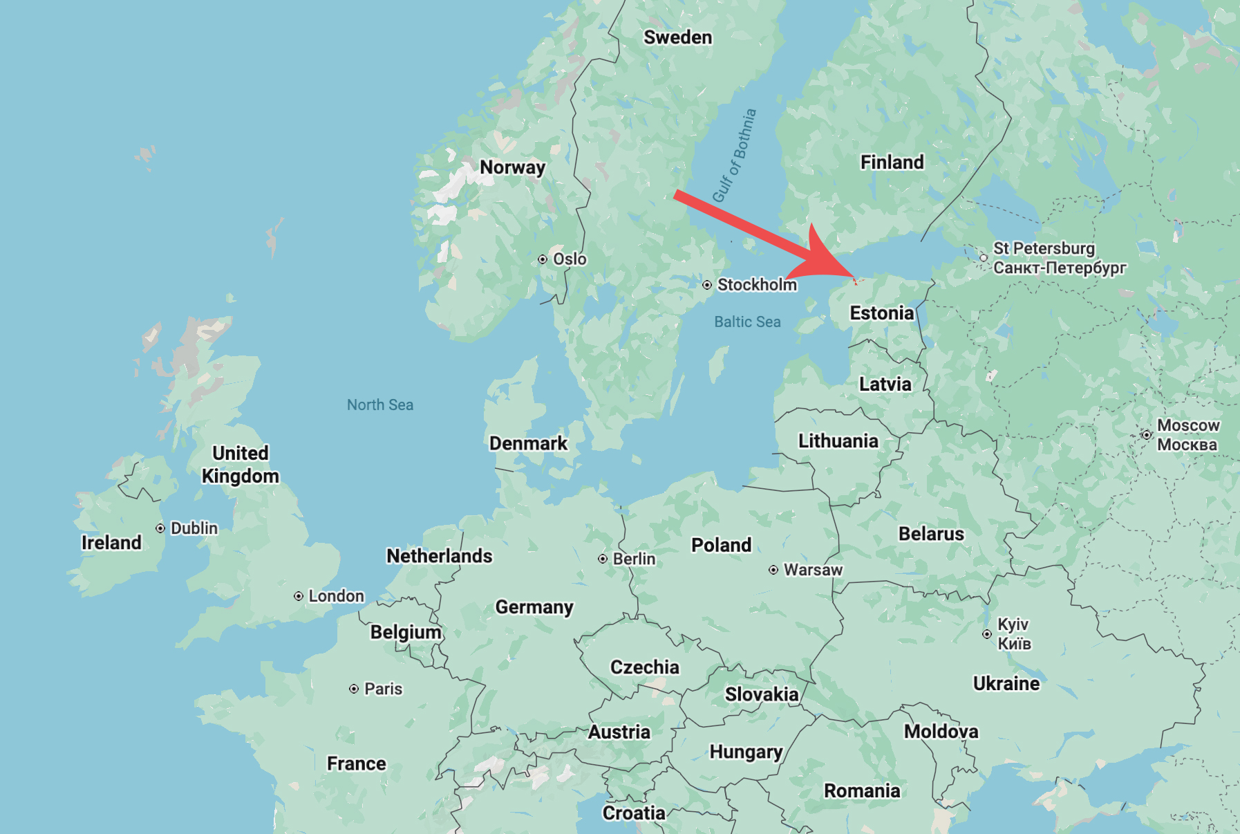 a map of europe with red arrow pointing to tallinn estonia.