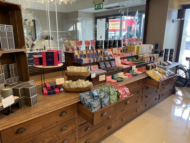 a display of various products on a counter