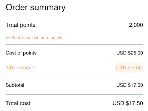 Image showing the purchase of 2,000 Marriott Bonvoy Points.