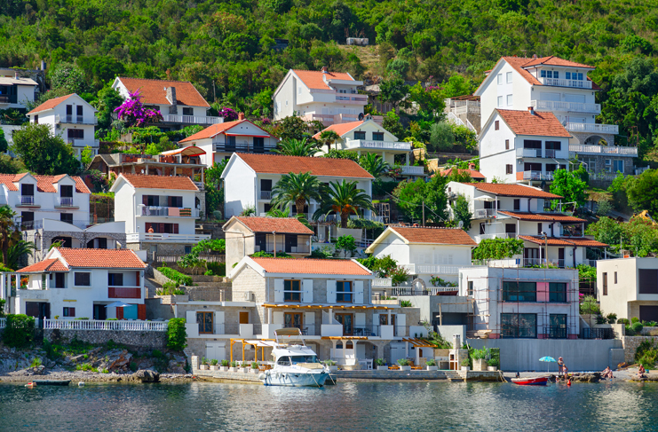 a group of houses on a hill with trees and a body of water