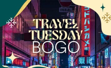 TODAY ONLY: BOGO to Tokyo & Seoul with Alaska Airlines a city street with neon signs