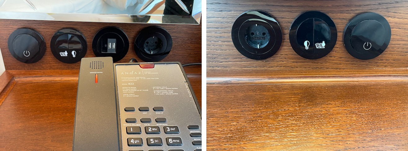 Andaz Vienna in-room power outlets.