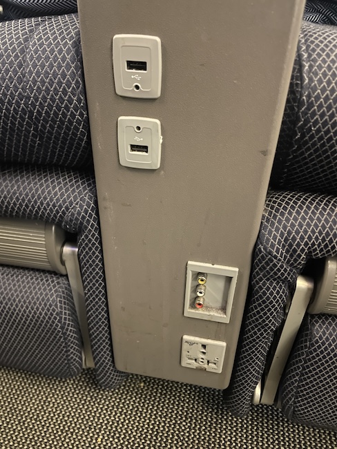 USB-A ports and power outlets on the British Airways A380