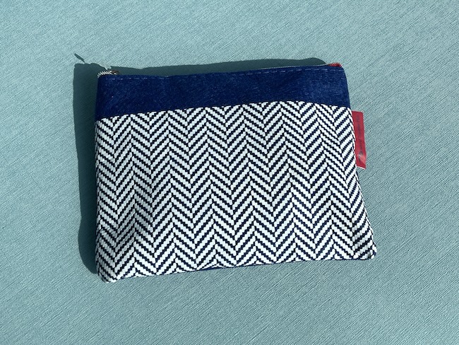 a blue and white fabric bag