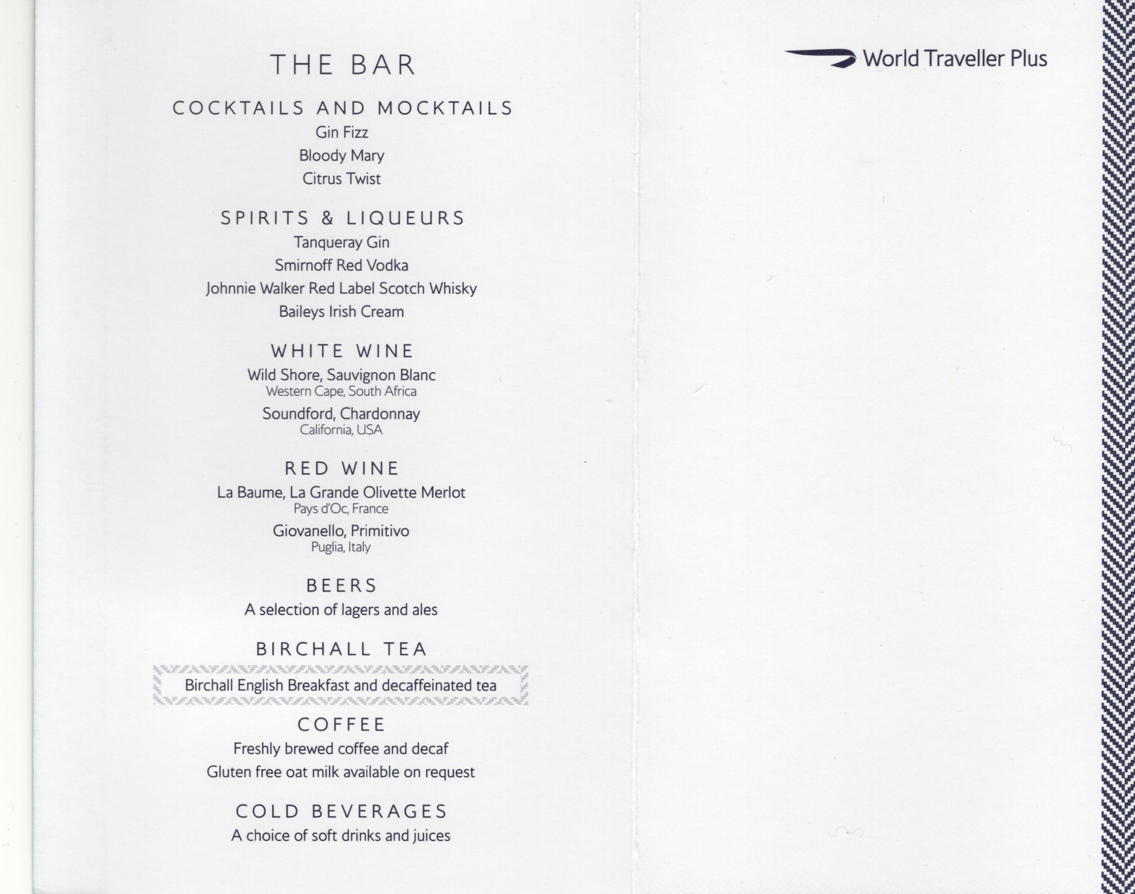 a menu of a bar
