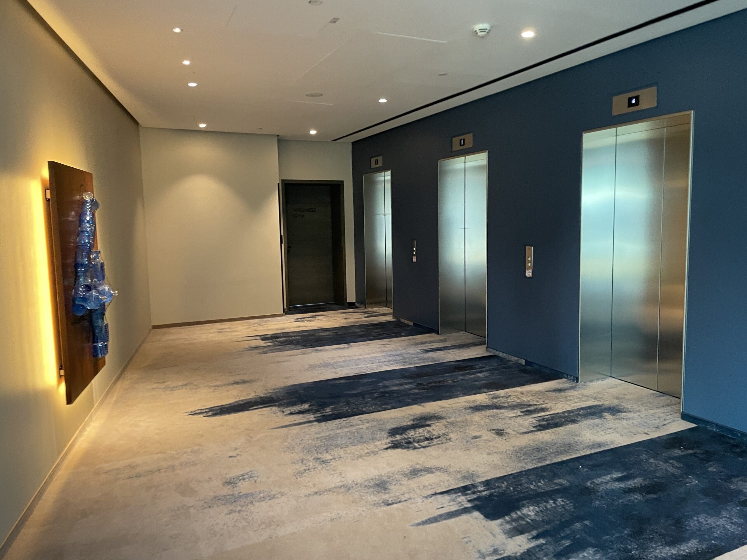 a hallway with elevators and blue carpet