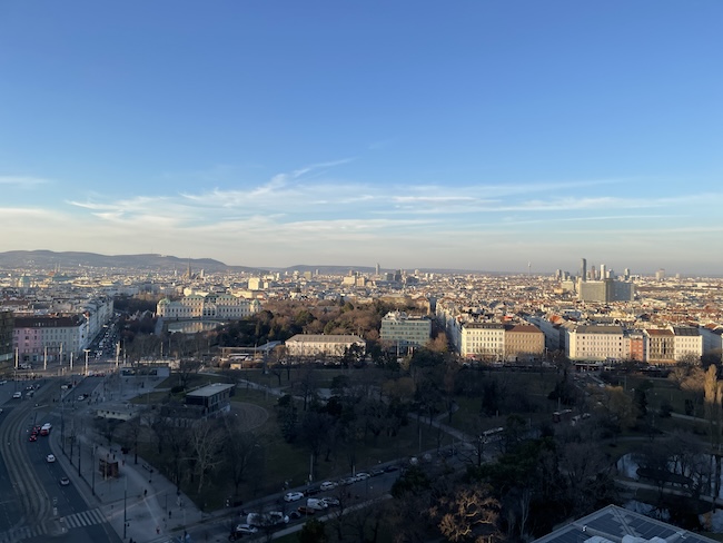 a city with many buildings and trees